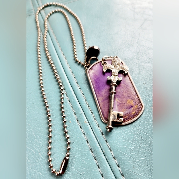 CHROME HEARTS Purple Pendant Rhinestones Fleur de Lis Silver Crystal Dog Tag 24" - Picture 13 of 16